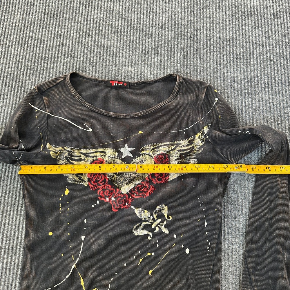 T Party Womens Graphic Thermal Shirt Small Black Acid Wash Winged Heart Roses - Picture 5 of 8
